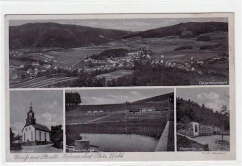 Gruß aus Struth - Helmershof mit Gesamtansicht, Ehrenmal, Kirche und Schwimmbad gelaufen von 1942. Gute Erhaltung.