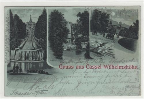 Wilhelmshöhe Kassel - Wilhelmshöhe, Lithographie. Cascaden Aquaduct - Wasserfall Wilhelmshöhe von der Allee im Mondschein gelaufen, 1899. Leichter Stempeldurchdruck, leichte Abschürfungen, sonst gut erhalten