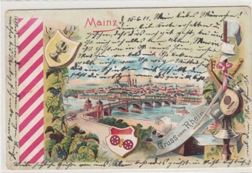 Mainz Mainz, Lithographie. ein Blick auf die Stadt gelaufen, 1904. Ecken mit Albumabdrücken, leichte Eckabschürfungen, leicht fleckig, sonst gut erhalten