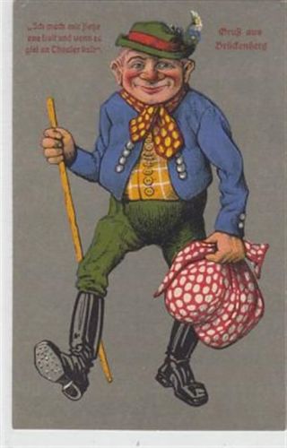 Brückenberg Juxkarte Brückenberg - Bierutowice / Kreis Hirschberg - Jelenia Góra. ein Mann in Tracht ungelaufen kleiner Knick an der linken oberen Ecke , sonst gut erhalten