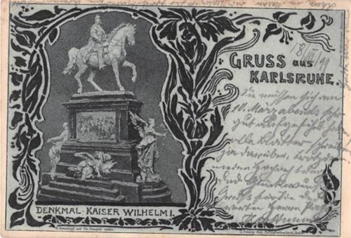 Karlsruhe Karlsruhe, Lithographie. Denkmal Kaiser Wilhelm I gelaufen. Leicht bügig, leicht fleckig, sonst gut erhalten