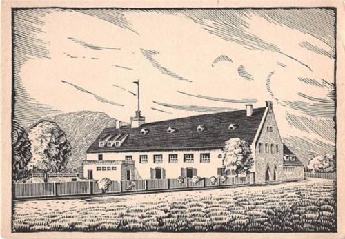Federzeichnung Oberlenningen-Teck. Turn- und Festhalle ungelaufen kleiner Knick oben rechts, sonst gut erhalten