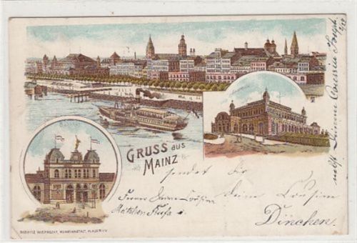 Mainz Mainz, Lithographie. ein Blick auf den Bahnhof Stadthalle gelaufen, 1900. Ecken mit Albumabdrücken, leicht bügig, leicht fleckig, kleiner Knick unten links, sonst gut erhalten
