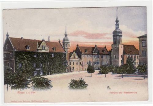Riesa Riesa mit Partie am Rathaus und Klosterkirche ungelaufen Leichter Knick oben links, kleiner Riß linker Rand, sonst gut erhalten.