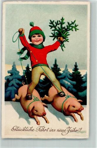 Neujahr Kind reitet die Schweine AK