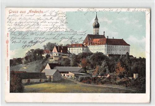 Andechs, Lithographie. Partie an der Kirche gelaufen. Ecken mit Albumabdrücken, leichter Stempeldurchdruck, leicht bügig, sonst gut erhalten