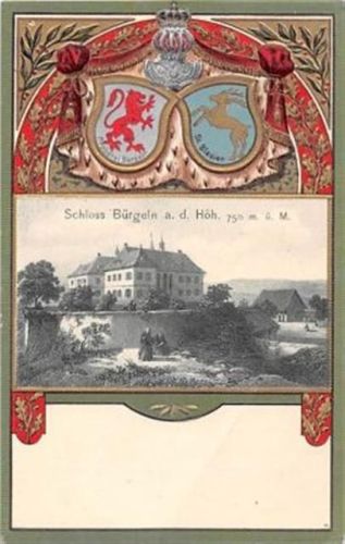 Präge-Künstlerkarte Schloss Bügeln auf der Höh mit Wappen ungelaufen Knick unten rechts, sonst gut erhalten