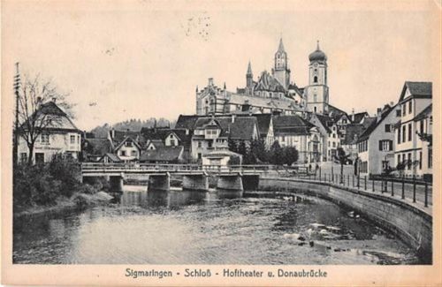 Sigmaringen Sigmaringen. Hoftheater Donaubrücke gelaufen. Marke entfernt. Leichter Schrift- und Stempeldurchdruck, sonst gut erhalten