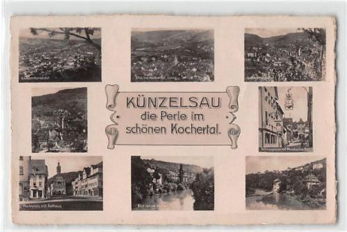 Künzelsau mit Schnurgasse und Marktplatz gelaufen. Leichter Bug auf der rechten Seite in der Mitte, leichter Stempeldurchdruck, sonst gut erhalten