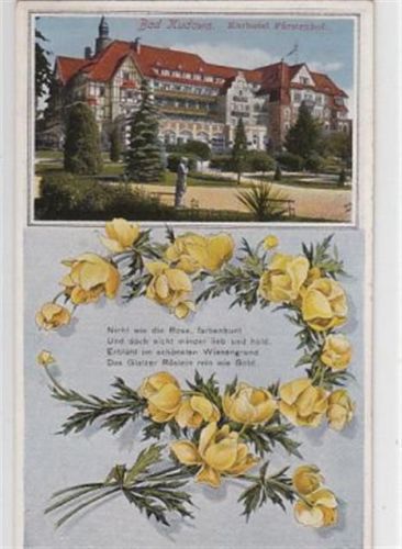 Bad Kudowa Bad Kudowa / Kudowa-Zdrój - Kreis Glatz / Klodzko. Kurhotel Fürstenhof mit Vers und Blumen ungelaufen Rückseite leicht stockfleckig, sonst gut erhalten