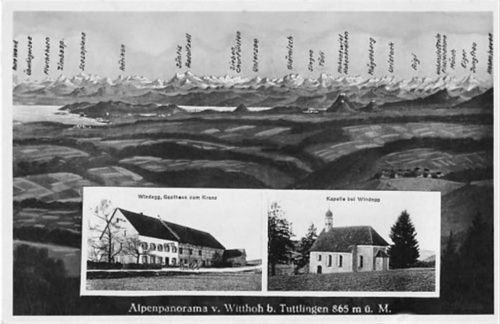 Alpenpanorama von Witthoh bei Tuttlingen mit Gasthaus zum Kranz Windegg und Kapelle bei Windegg gelaufen. Kleine Abschürfung am Rand unten, leichter Bug Kartenmitte, sonst gut erhalten
