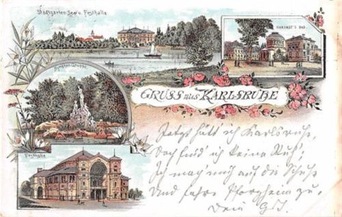 Karlsruhe Karlsruhe, Lithographie. Stadtgarten Festhalle gelaufen. Ecken mit Albumabdrücken, leichter Schrift- und Stempeldurchdruck, sonst gut erhalten