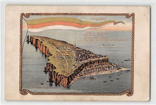 Helgoland. Gesamtansicht gelaufen. Schiffspoststempel. Leicht fleckig, kleine Abschürfung Rückseite, sonst gut erhalten