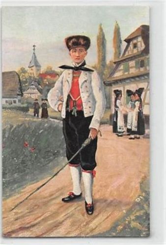 Künstlerkarte Hanauer Trachten. Des Costumes á Hanau. Der Umschwärmte ungelaufen kleiner Knick oben rechts, sonst gut erhalten