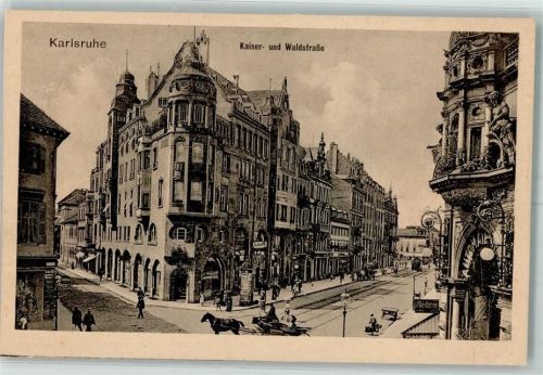 Karlsruhe Kaiser- und Waldstraße Kutsche Litfaßsäule Straßenbahn