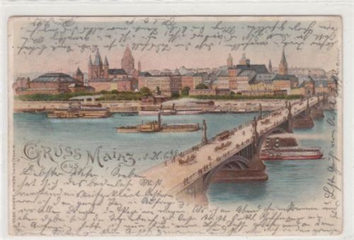 Mainz Mainz, Lithographie. ein Blick auf die Brücke Seitenansicht der Stadt gelaufen, 1898. leichte Abschürfungen, sonst gut erhalten