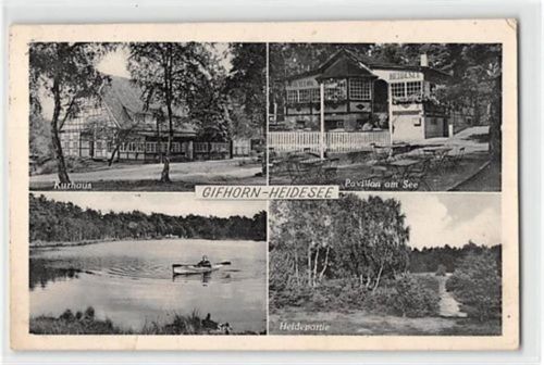 Gifhorn-Heidesee mit Kurhaus und Pavillon am See gelaufen. Leicht fleckig, leichter Bug unten rechts, kleine Durchdrücke, sonst gut erhalten