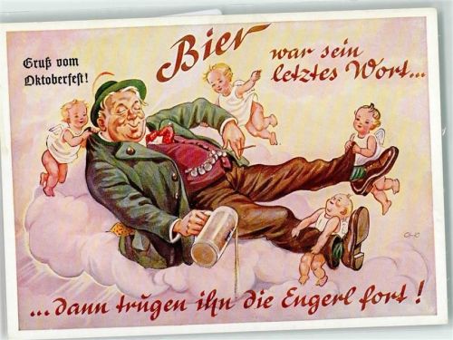 Bier Engel Mann schwebt auf einer Wolke sign. OHO Verlag Lengauer Nr. 3087