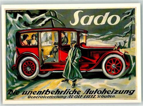 Plakat auf Ansichtskarte von Emil Huber 1924 - Sado Autoheizung - Plakatsammlung der Schweiz