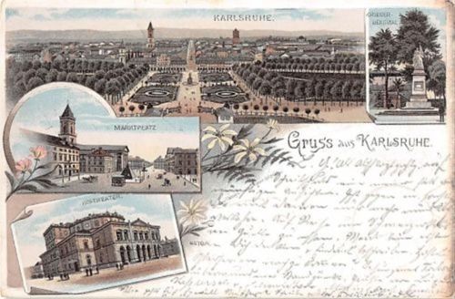 Karlsruhe Karlsruhe, Lithographie. Marktplatz Kriegerdenkmal gelaufen, aber ohne Marke. Leichter Stempeldurchdruck, leichte Eckabschürfungen, leicht fleckig, sonst gut erhalten
