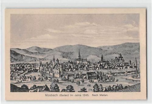 Mosbach Federzeichnung Mosbach in Baden im Jahre 1645 nach Merian. Karte beschrieben Gute Erhaltung.