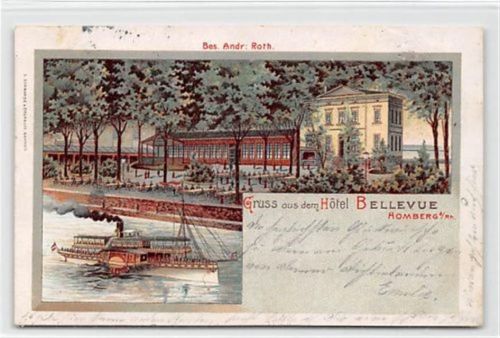 Duisburg Homberg, Lithographie. Hotel Bellevue gelaufen. Ecken mit Albumabdrücken, leicht fleckig, sonst gut erhalten