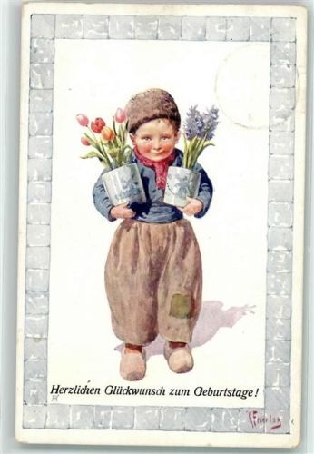 Geburtstag Hollandkind mit Blumentöpfe TSN Serie 1808-6