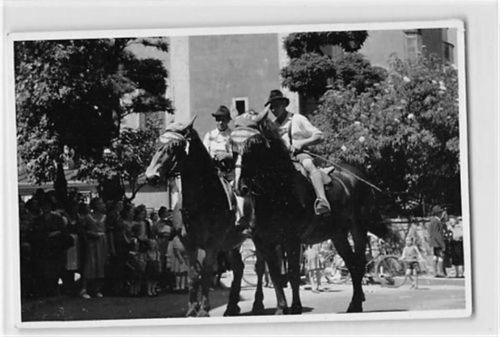 Seltene Fotokarte Miesbach. Kinder-Volksfest 1952. Männer in Lederhosen auf Kaltblütern. ungelaufen Gute Erhaltung.