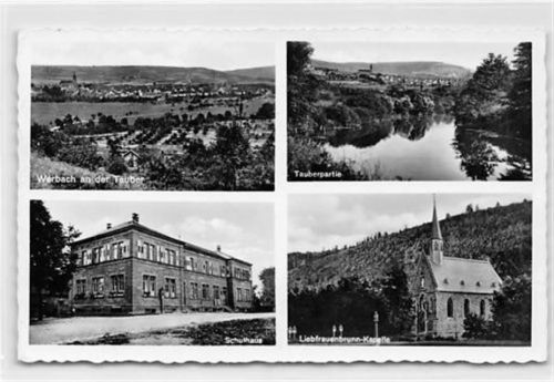 Werbach an der Tauber mit Schulhaus und Liebfrauenbrunn Kirche gelaufen. Leichter Schrift- und Stempeldurchdruck, sonst gut erhalten