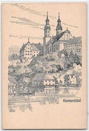 Federzeichnung Obermarchtal. Teilansicht mit Kirche ungelaufen Gute Erhaltung.
