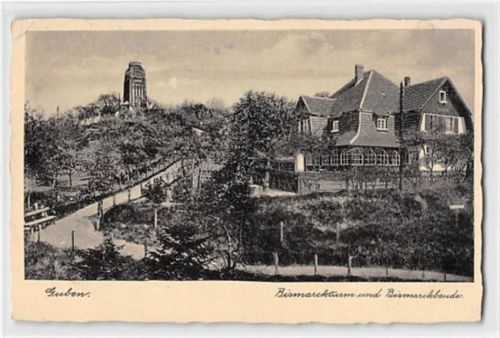Guben. Bismarckturm und Bismarckbaude gelaufen. Leichter Stempeldurchdruck, kleiner Knick oben links, leicht fleckig, sonst gut erhalten