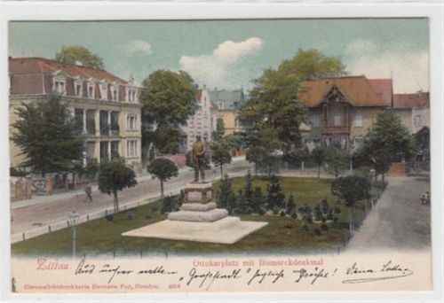 Zittau Zittau. Ottokarplatz mit Bismarckdenkmal gelaufen, 1905. Ecken mit Albumabdrücken, sonst gut erhalten
