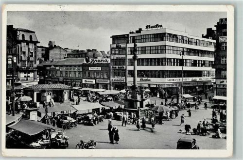 Ostrava Hauptplatz Fahrrad Marktszene Denkmal Oldtimer Karren Bruna Bata Nasytek Drogerie