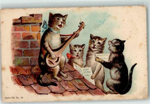 Prägedruck Katze mit eier Laute musiziert Litho AK