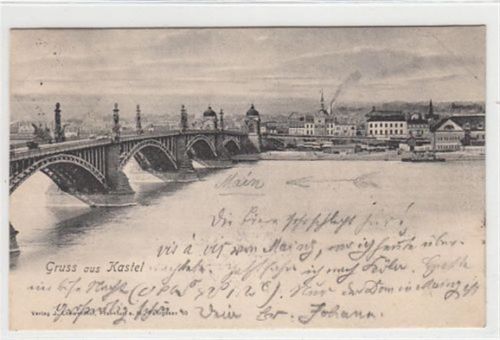 Mainz Mainz Kastel. Teilansicht mit Brücke gelaufen, 1902. Ecken mit Albumabdrücken, sonst gut erhalten