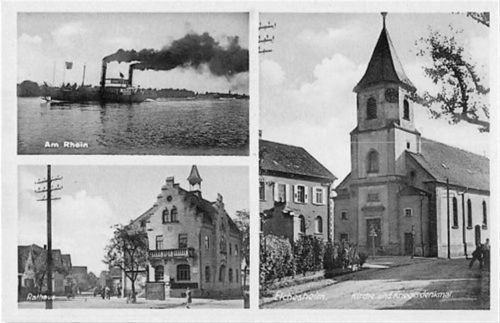 Elchesheim. Rheindampfer, Rathaus, Kirche und Kriegerdenkmal ungelaufen Sehr gut erhalten.
