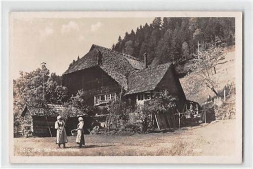 Holzwald. Schwarzwaldhaus mit Bäuerinnen ungelaufen Leichter Bug Kartenmitte, sonst gut erhalten