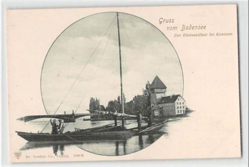 Gruss vom Bodensee. Der Rheinausfluss bei Konstanz ungelaufen Ecken mit Albumabdrücken, sonst gut erhalten