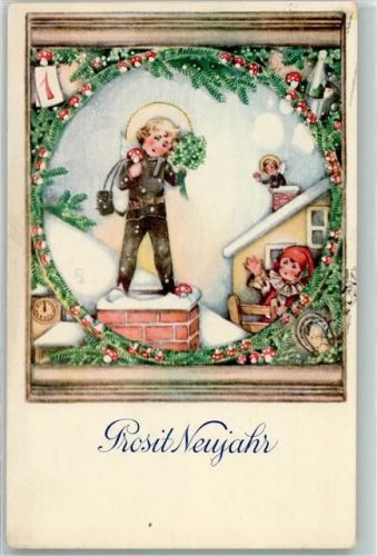 1933 sign. Erni Schob-Posch Neujahr Hufeisen Pilz AK