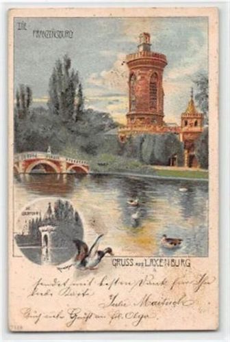Lithographie Laxenburg mit Franzensburg und überfuhr gelaufen. Vorder- und Rückseite leicht fleckig, kleiner Knick unten links, sonst gut erhalten