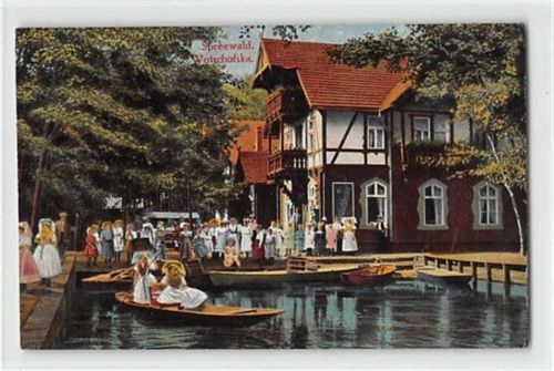 Wotschofska im Spreewald bei Lübbenau. Personen und Ruderboote ungelaufen Rückseite leicht stockfleckig, sonst gut erhalten