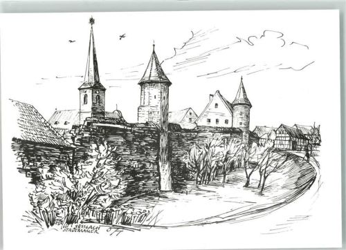 Seßlach Stadtmauer signiert Zeichnung