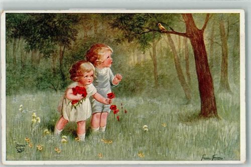 1936 sign. Francis Fernon Kinder Mohnblumen pflücken AK
