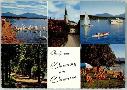 Chieming Chiemsee Schwäne Badestrand Ausflugsdampfer Kajak Segelboot