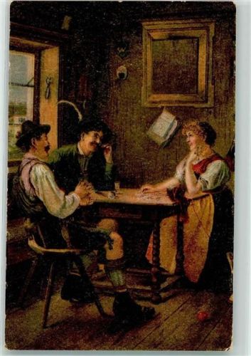 sign. Prof. Rau Das Kartenkunststück Bauernstube Gasthaus Trachten AK