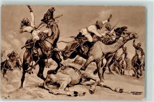 1915 WK I Gefecht der Türken mit indischen Kamelreitern am Suezkanal sign. Curt Schulz , Wohlfahrtskarte Reichsverband zur Unterstützung deutscher Veteranen