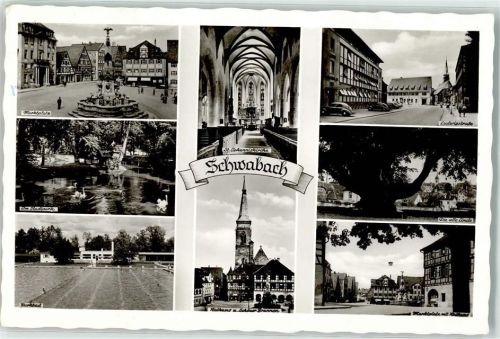 91126 W8540 Schwabach - Marktplatz im Stadtpark Schwimmbad Rathaus u. Schöner Brunnen alte Linde Ludwigstraße VW Käfer St. Johanniskirche
