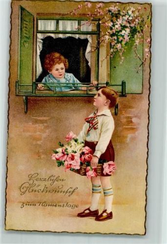 1930 Namenstag Kind mit einem Blumenkorb , Kind schaut aus dem Fenster AK