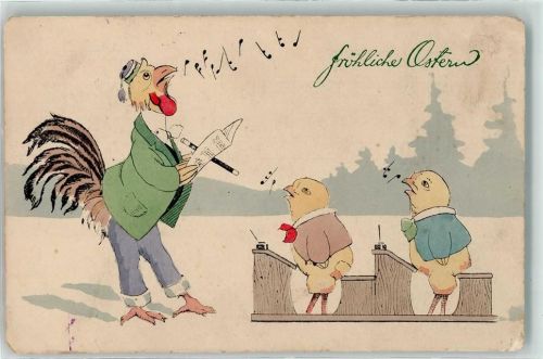 Huhn vermenschlicht Tintenfass Schulbänke Ostern Huhn 1917 Gebrauchsspuren