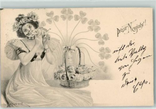 1902 Neujahr Jugendstil Frau mit einem Glücksschwein Rosenkorb AK